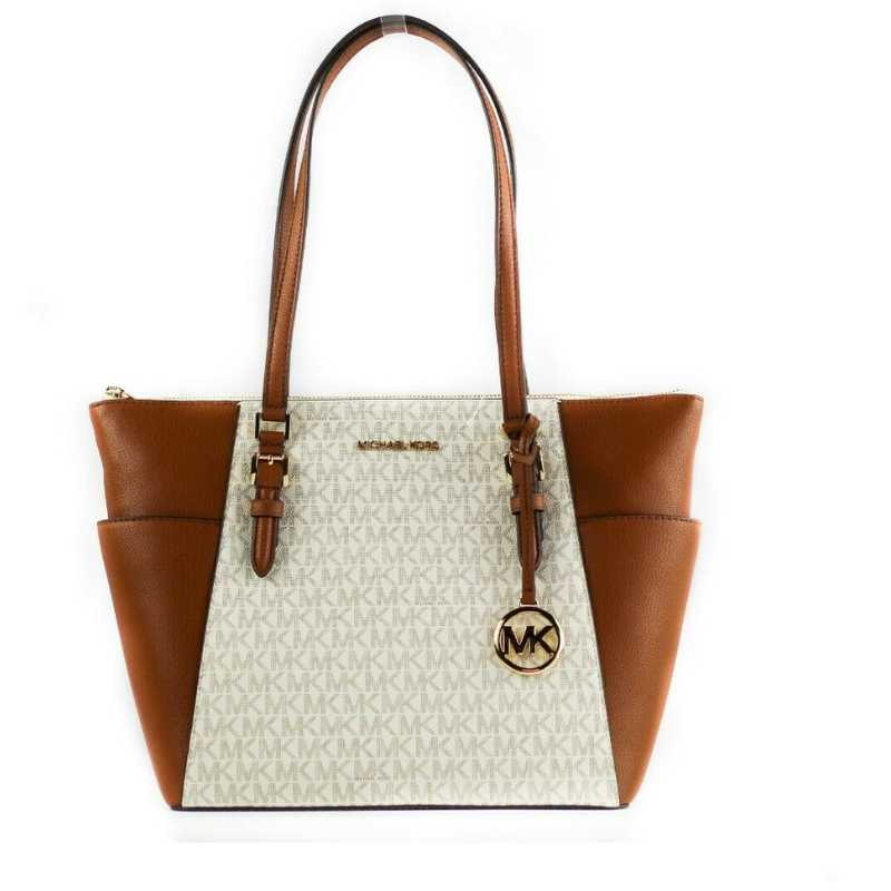 Michael Kors Charlotte Signature Leather Large Top Zip Tote Handtasche Tasche (Vanille)