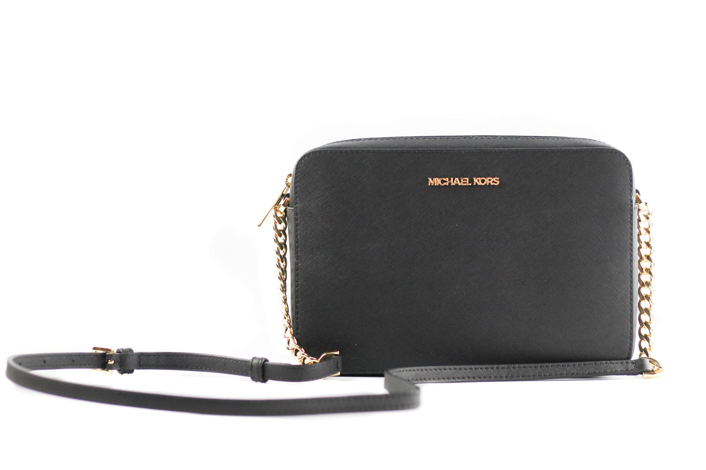 Michael Kors Jet Set Große East West Saffiano Leder Crossbody Tasche Handtasche (Schwarz Solid/Gold Hardware)