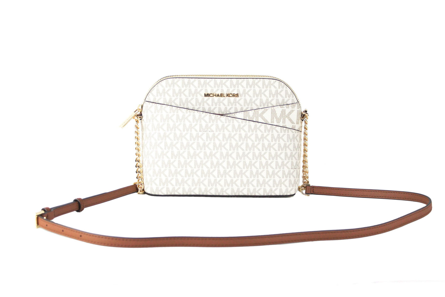 Michael Kors Jet Set Travel Medium Leder X Cross Dome Crossbody Handtasche (Vanilla Signature/Gold)