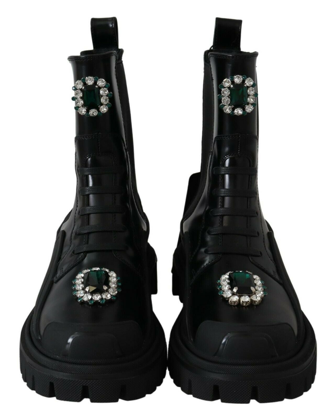 Dolce & Gabbana Elegante schwarze Leder-Kampfstiefel mit Kristall-Detail