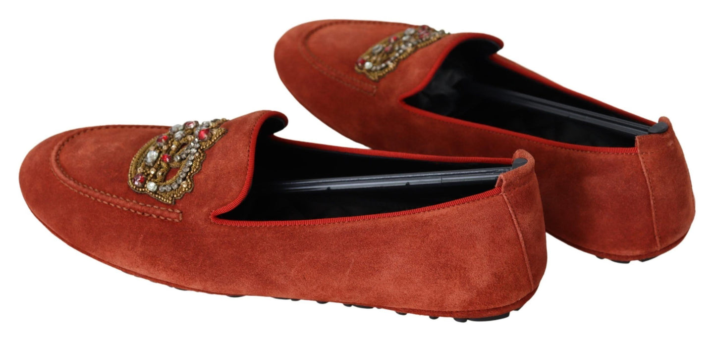 Dolce & Gabbana Opulente orangefarbene Loafers aus Leder mit Goldstickerei