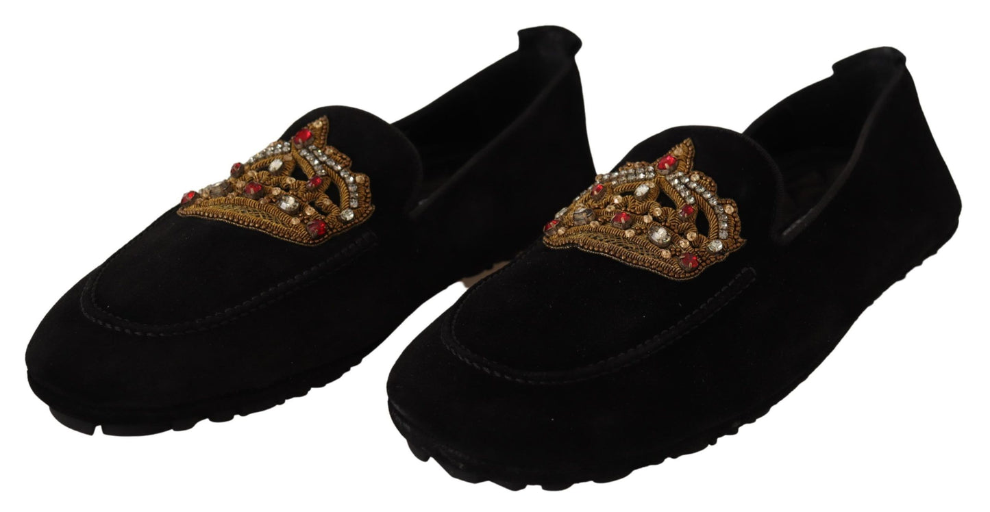 Dolce & Gabbana Elegante schwarze Leder-Slipper mit Goldstickerei