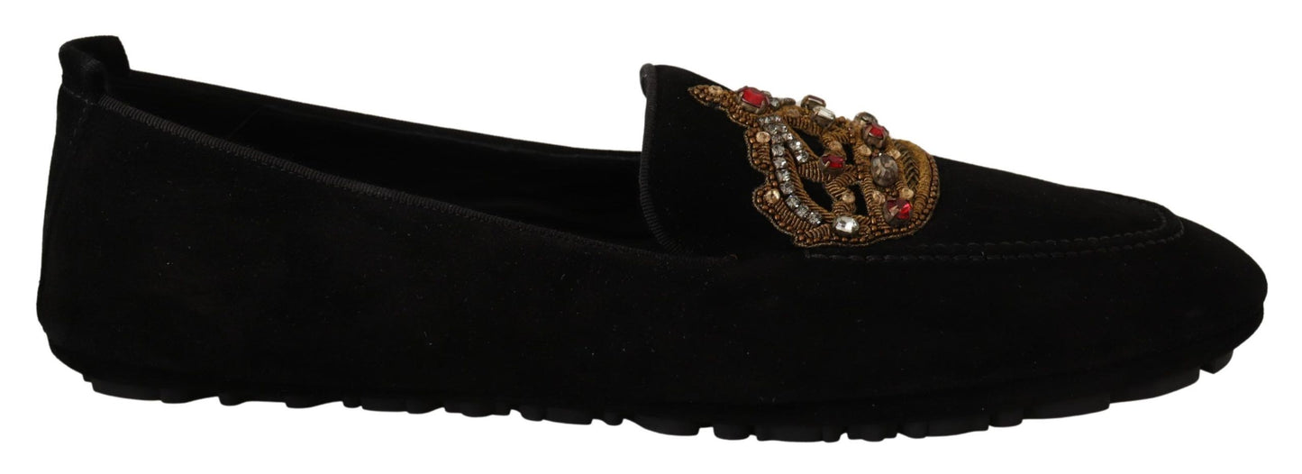 Dolce & Gabbana Elegante schwarze Leder-Slipper mit Goldstickerei