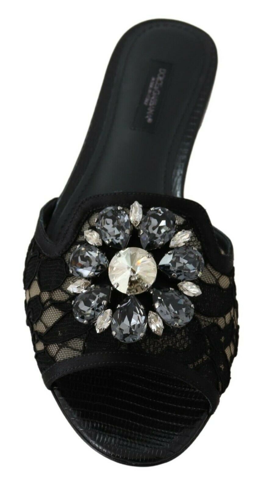 Dolce & Gabbana Elegante schwarze Pantoletten aus Spitze mit Blumenschmuck