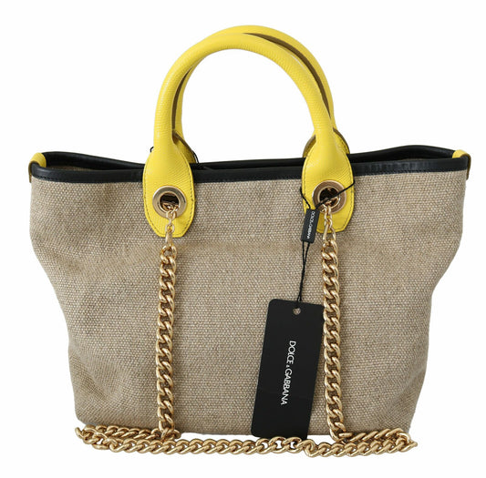 Dolce & Gabbana Beigefarbene Leinen-Calf-Tasche mit Goldkette