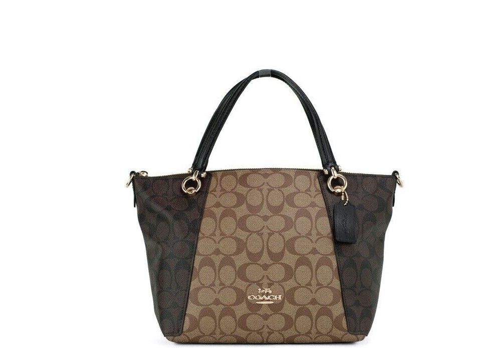 COACH Kacey Khaki Brown Blocked Signature Canvas Top Zip Satchel Handtasche