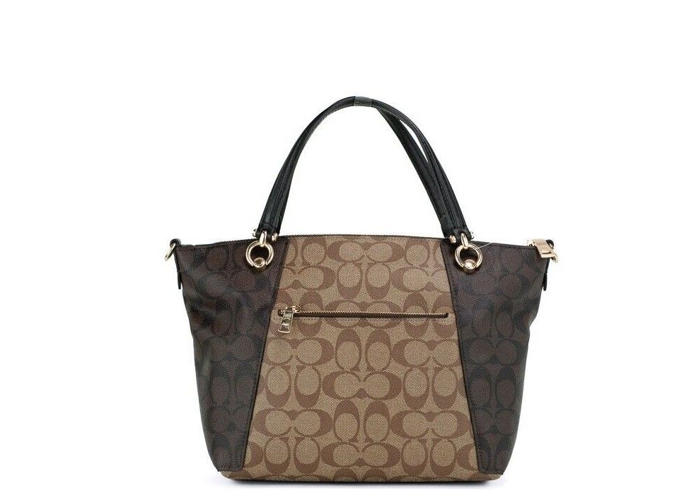 COACH Kacey Khaki Brown Blocked Signature Canvas Top Zip Satchel Handtasche