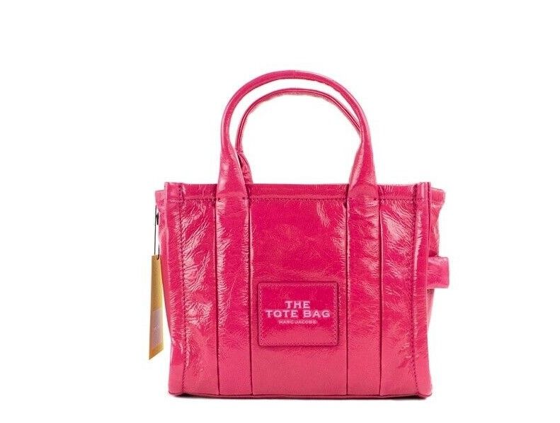 Marc Jacobs Die glänzende Crinkle Mini Tote Magenta Leder Crossbody Handtasche Geldbörse