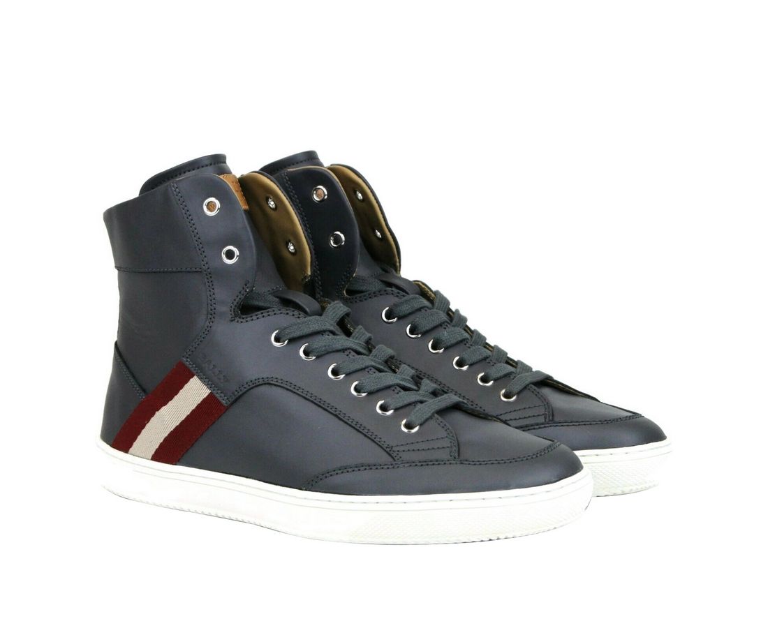 Bally Dunkelgraue Kalbsleder-High-Top-Sneaker mit rotem Beige