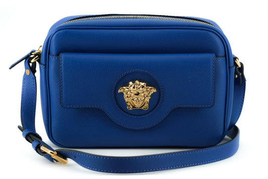 Versace Elegante Kameratasche aus blauem Kalbsleder