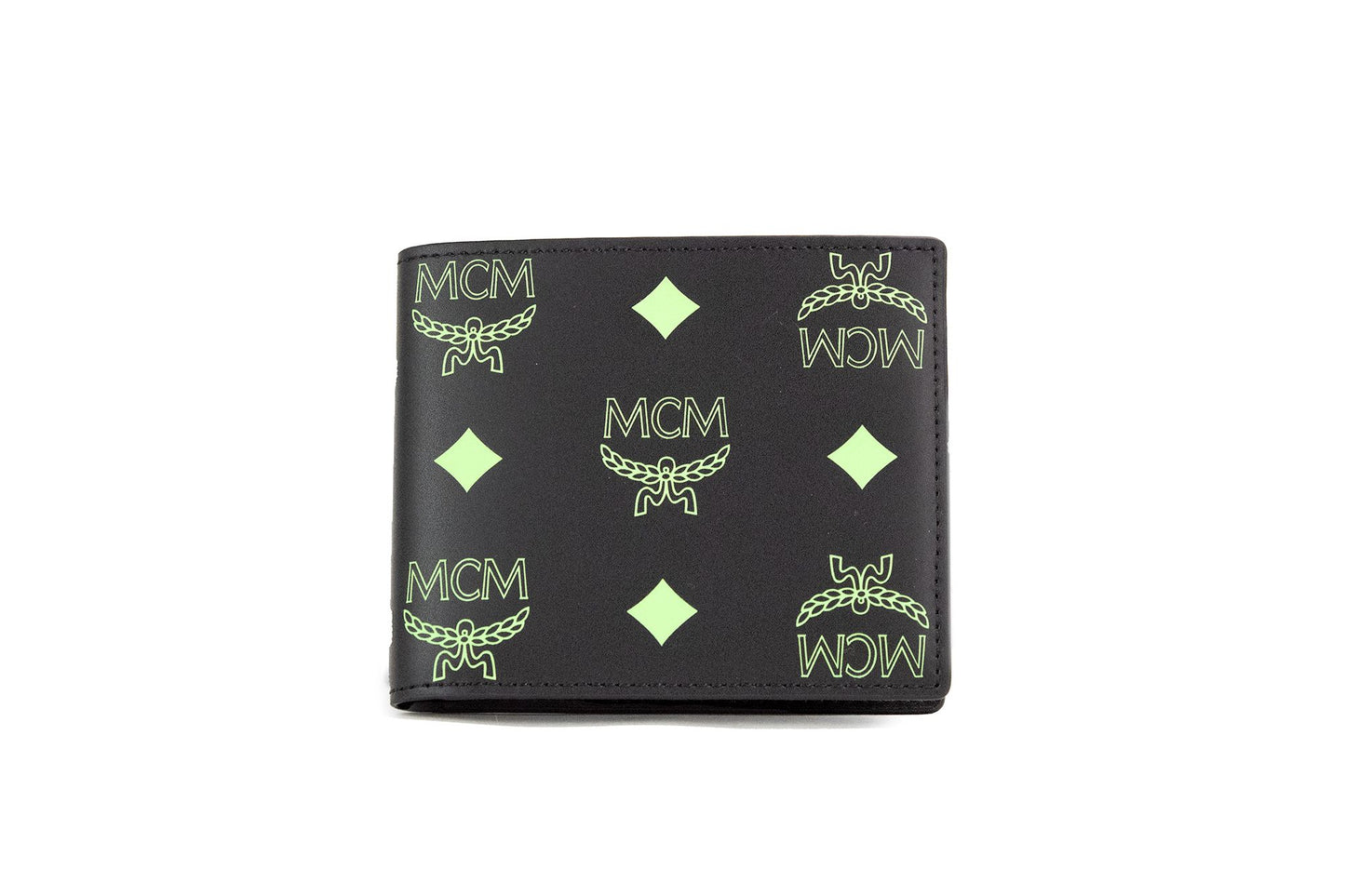 MCM Kleine schwarze Sommer grüne glatte Visetos Monogramm Logo Leder Bifold Wallet