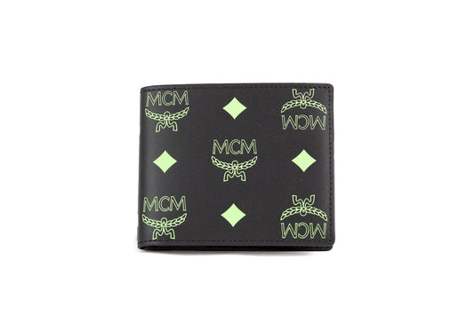 MCM Kleine schwarze Sommer grüne glatte Visetos Monogramm Logo Leder Bifold Wallet