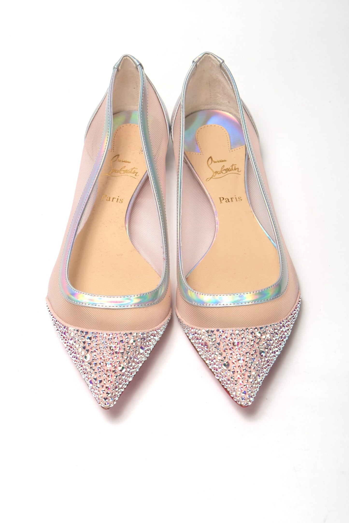 Christian Louboutin Silber Rose Flach Spitze Kristalle Zehe Schuh