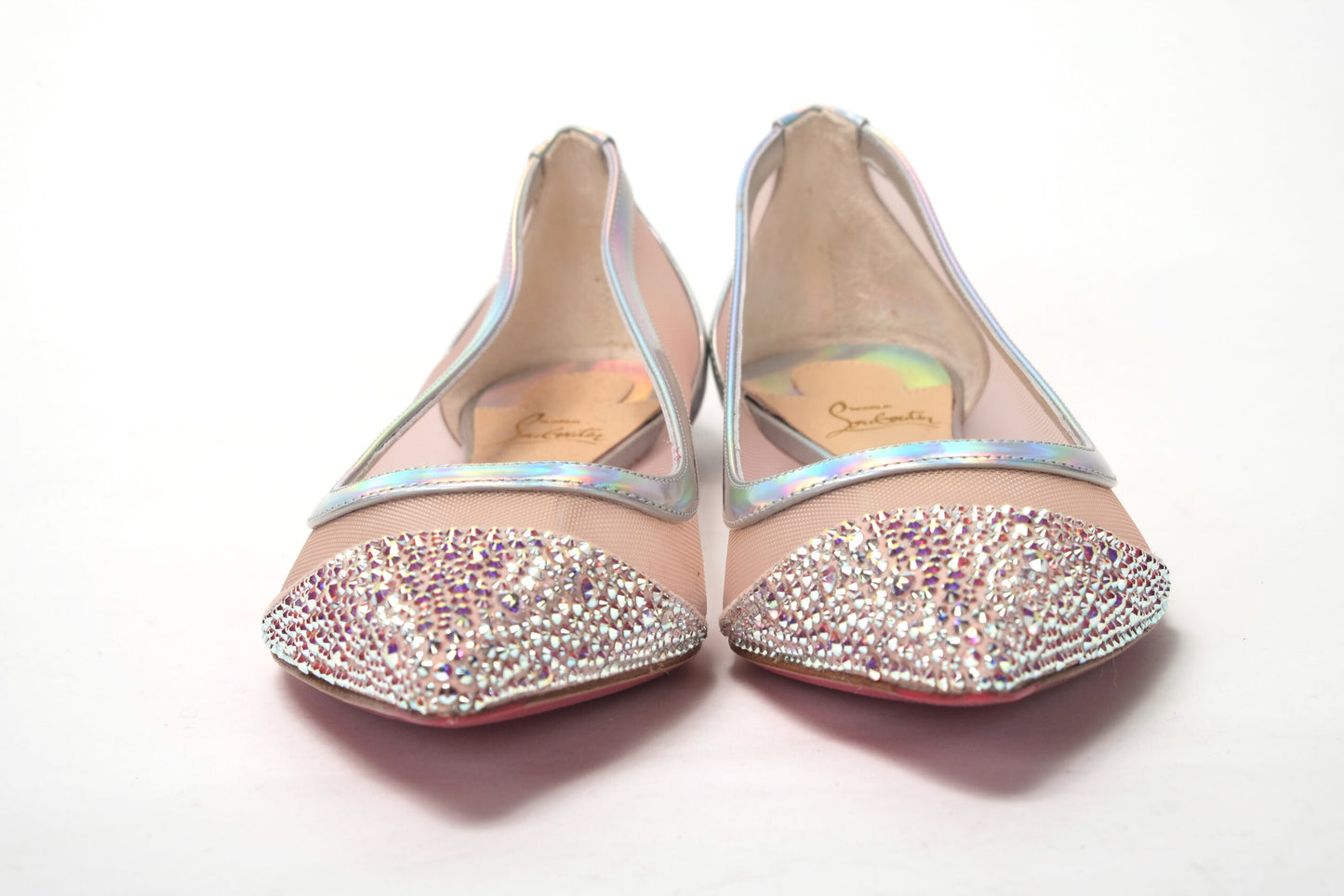 Christian Louboutin Silber Rose Flach Spitze Kristalle Zehe Schuh