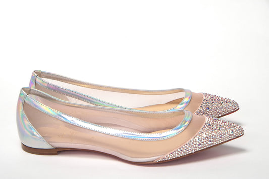 Christian Louboutin Silber Rose Flach Spitze Kristalle Zehe Schuh