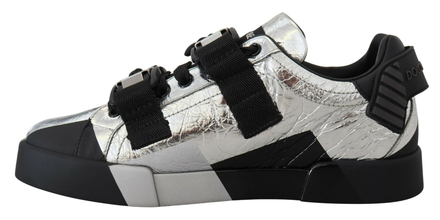 Dolce & Gabbana Exklusive silberne und schwarze Low-Top-Ledersneakers