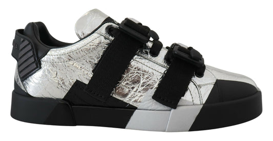 Dolce & Gabbana Exklusive silberne und schwarze Low-Top-Ledersneakers