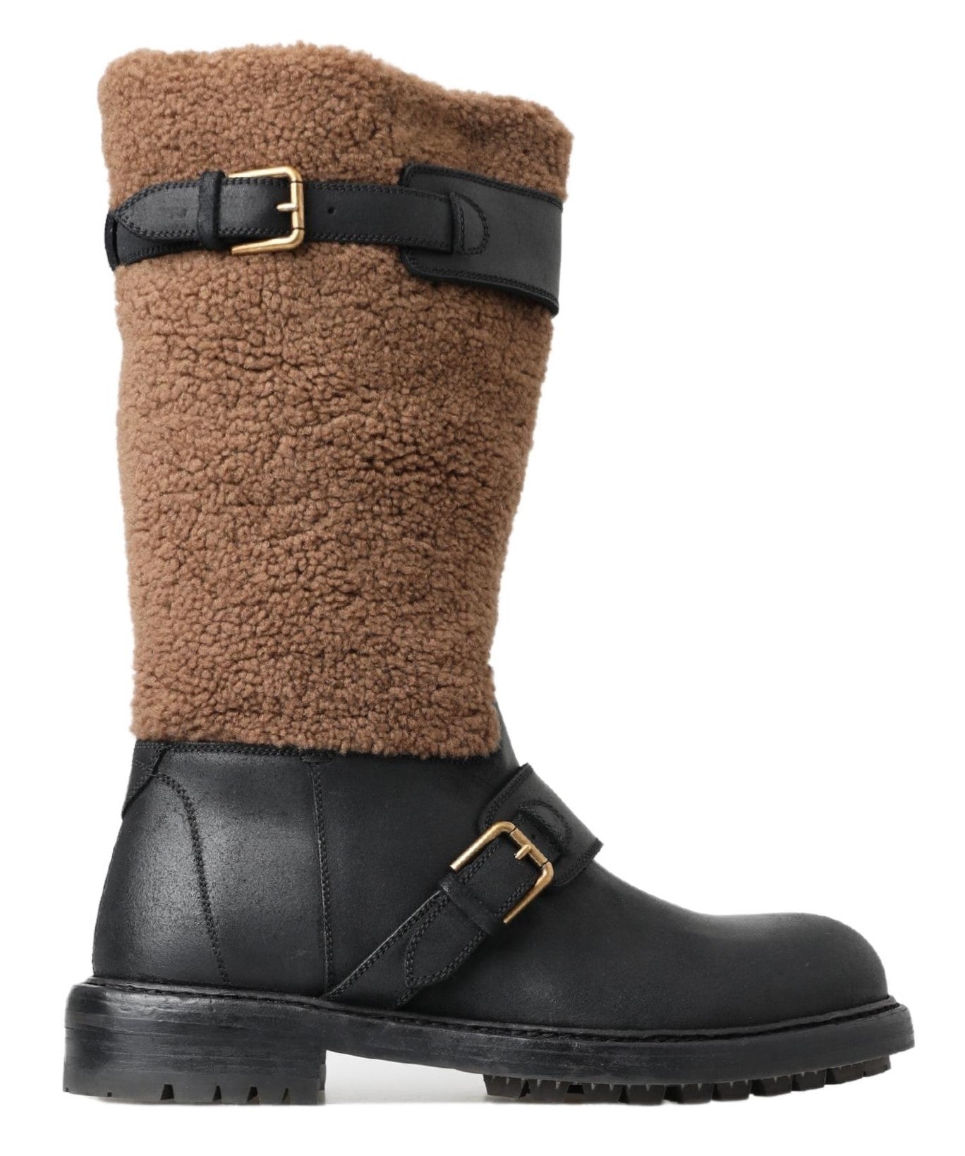 Dolce & Gabbana Lange Stiefel aus schwarzem Shearling-Leder