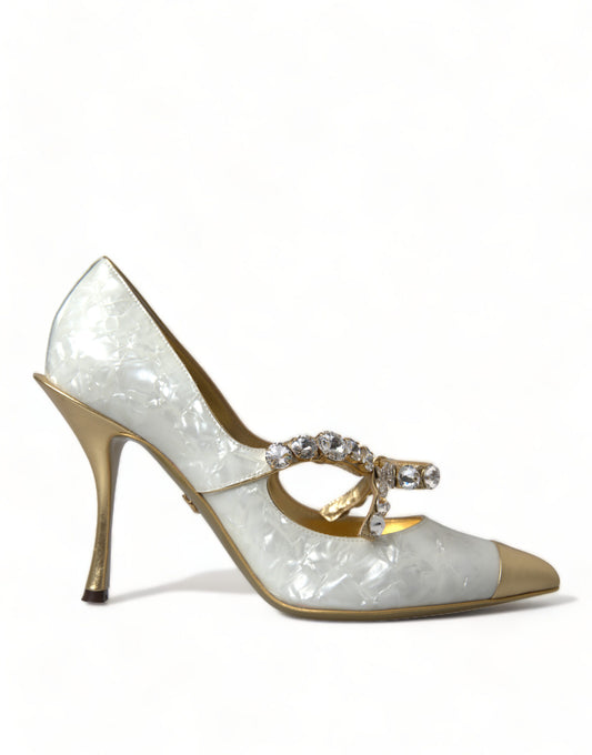 Dolce & Gabbana Elegante Weiße Lack Kristall Schleife Heels