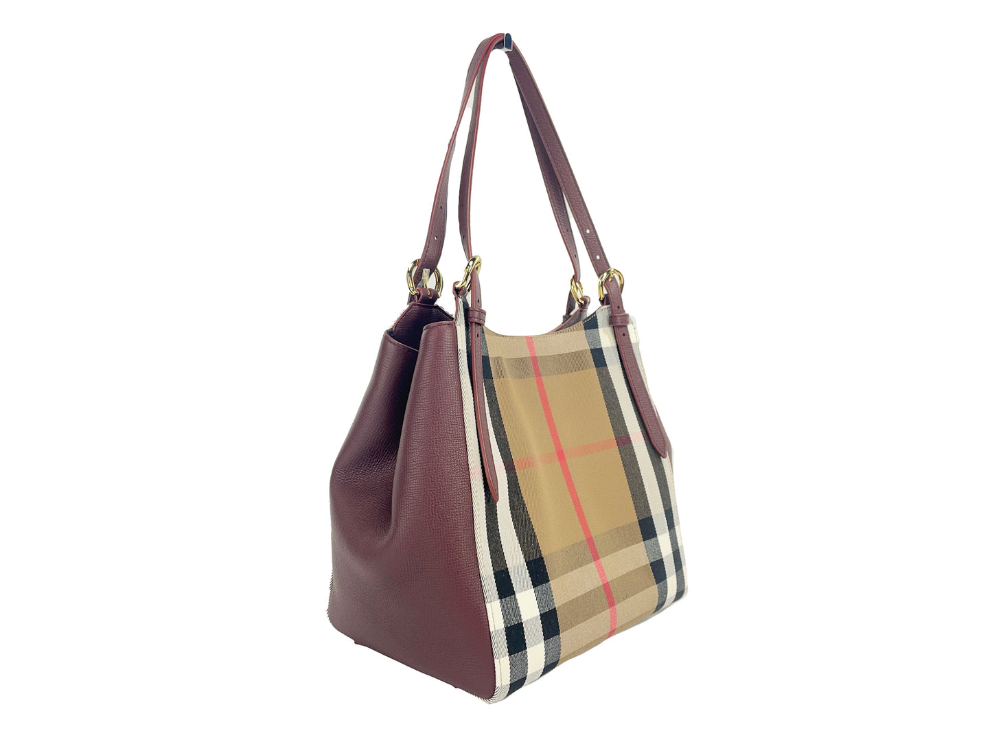 Burberry Kleine Canterby Mahagoni Leder Check Canvas Tote Bag Handtasche