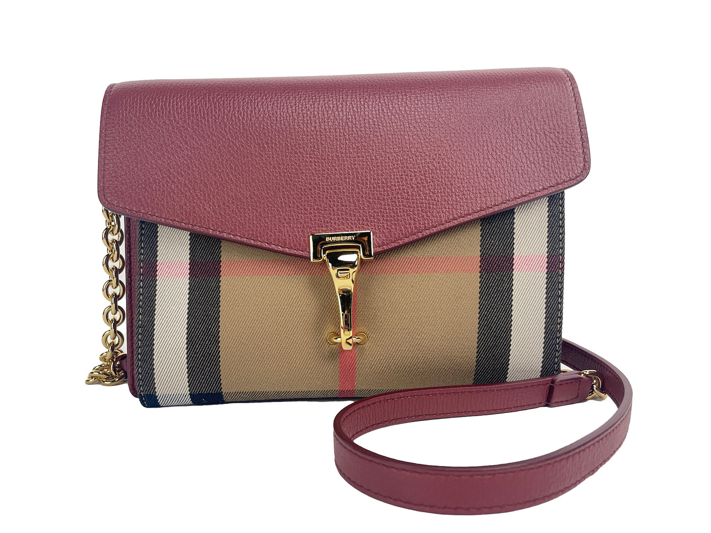 Burberry Macken Small Crimson House Check Leder Crossbody Tasche