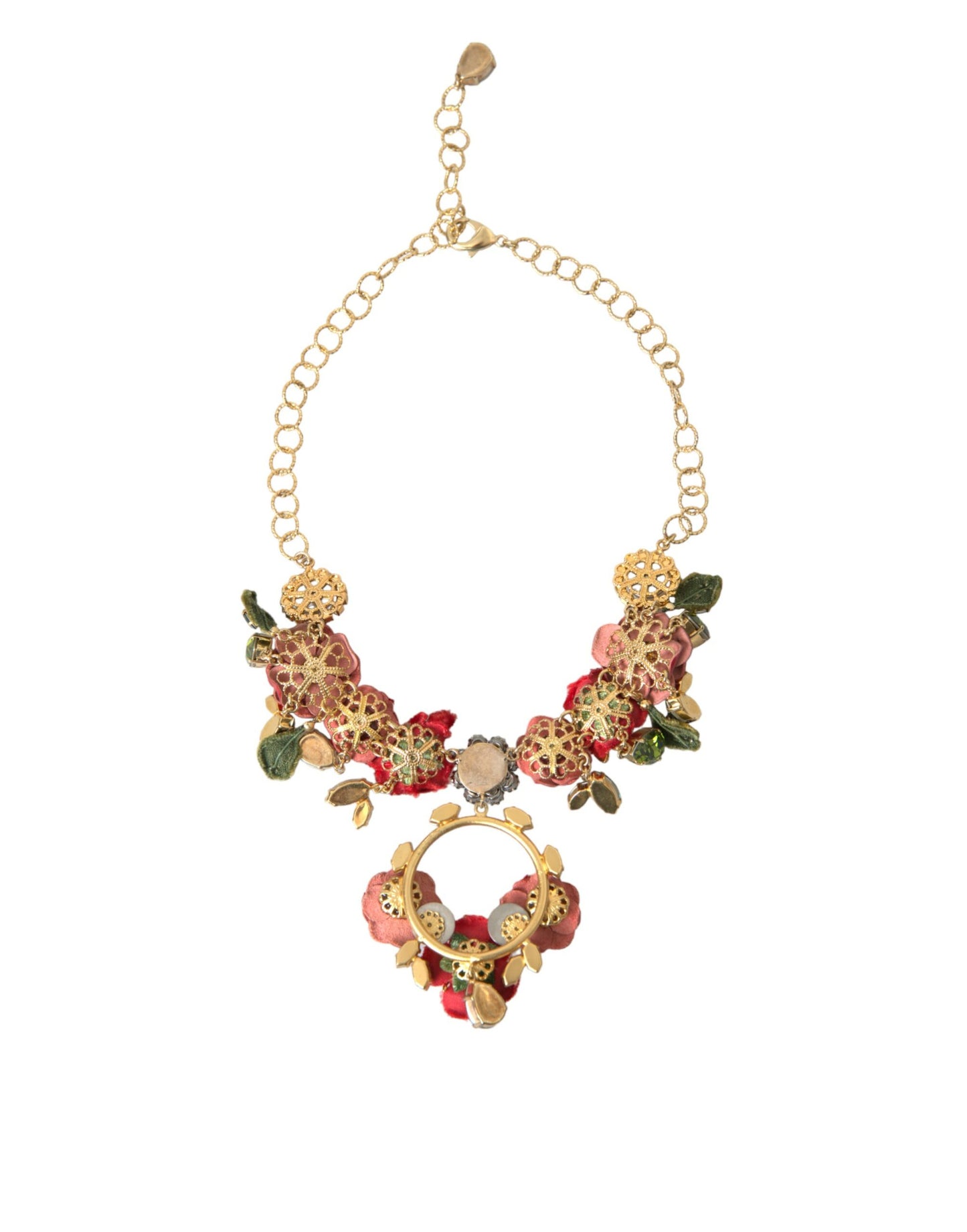 Dolce & Gabbana Gold Messing Link Kette Rose Petal Crystal Anhänger Halskette