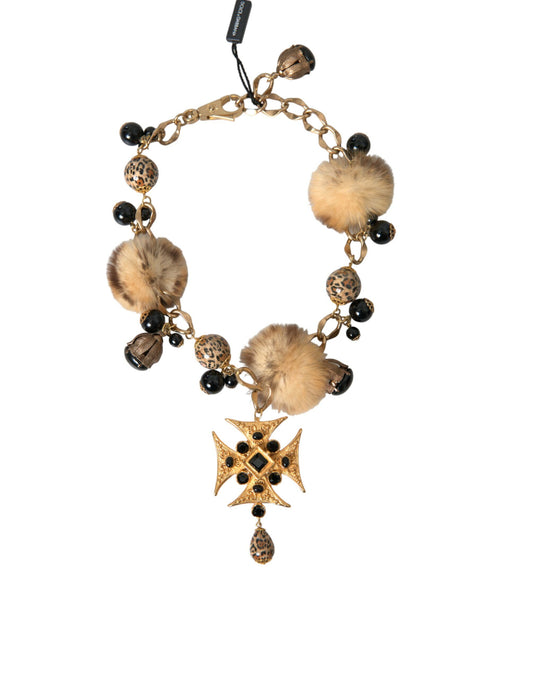 Dolce & Gabbana Gold Schwarz Kristalle Lapin Pelz Filigran Chocker Halskette