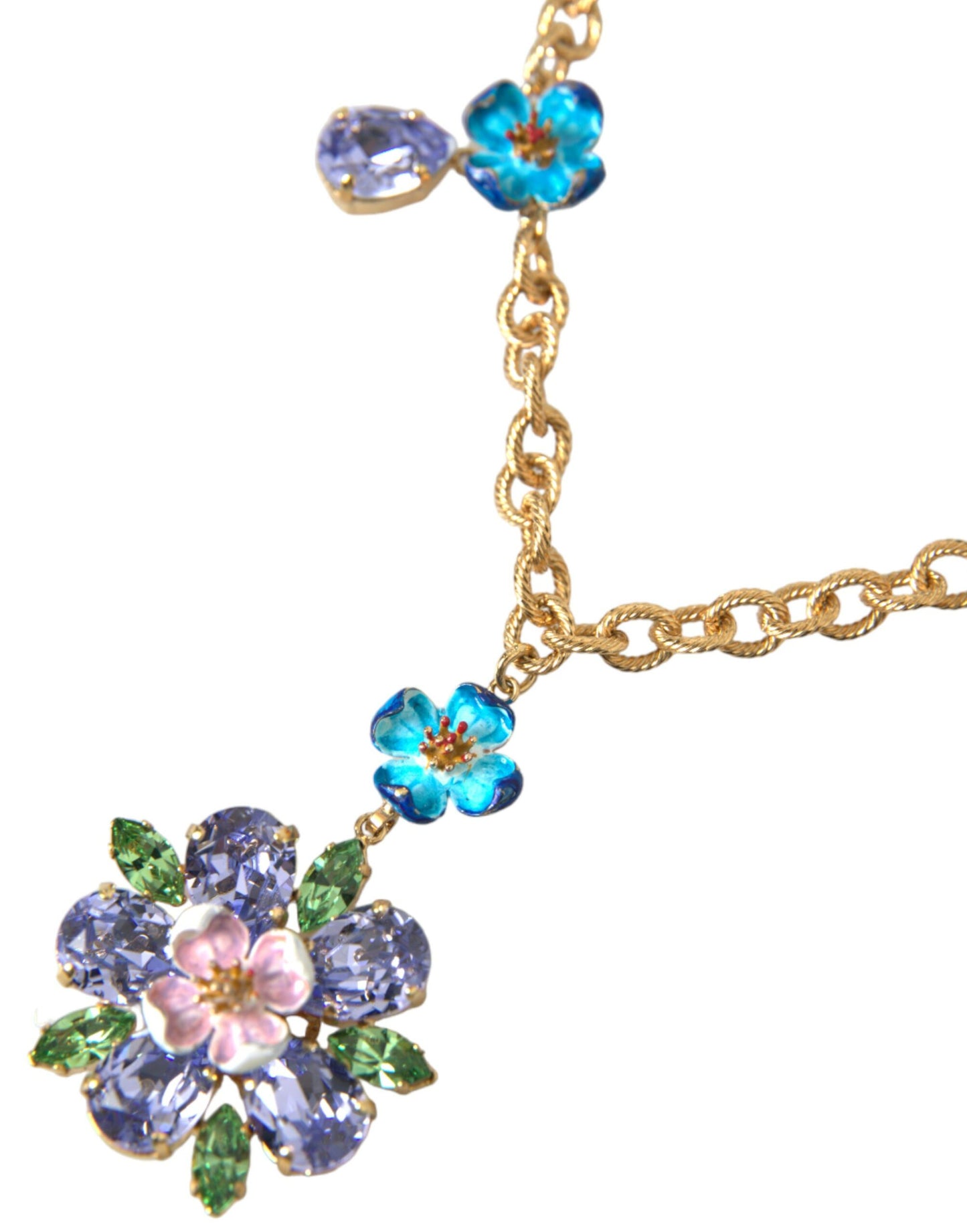 Dolce & Gabbana Gold Messing Kette Crystal Floral Anhänger Charm Halskette