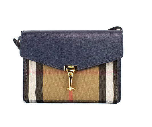 Burberry Macken Small Ink Blue House Check Derby Grain Leder Crossbody Bag