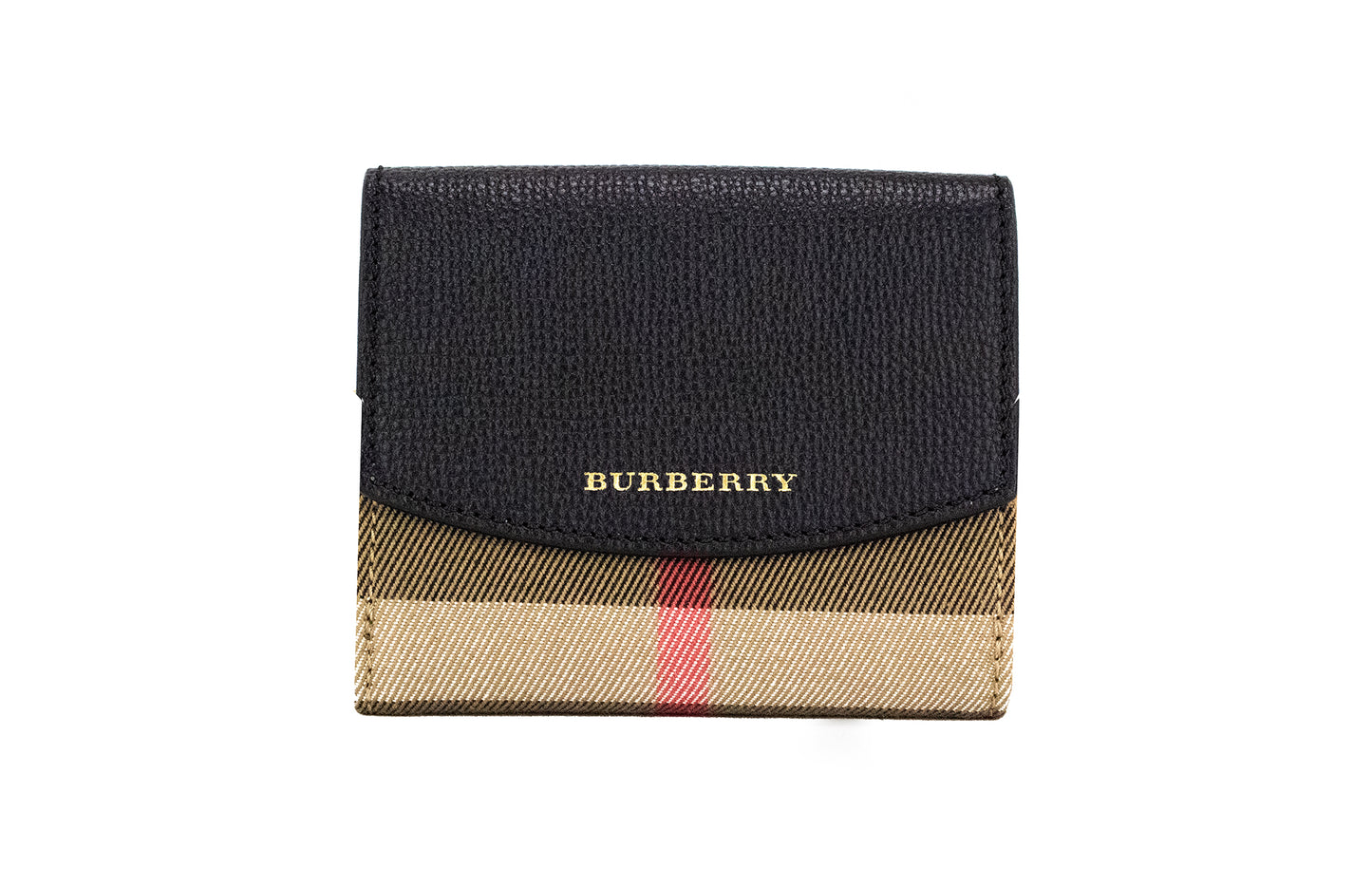 Burberry Luna Schwarzes genarbtes Leder Haus Check Canvas Münzbeutel Snap Brieftasche