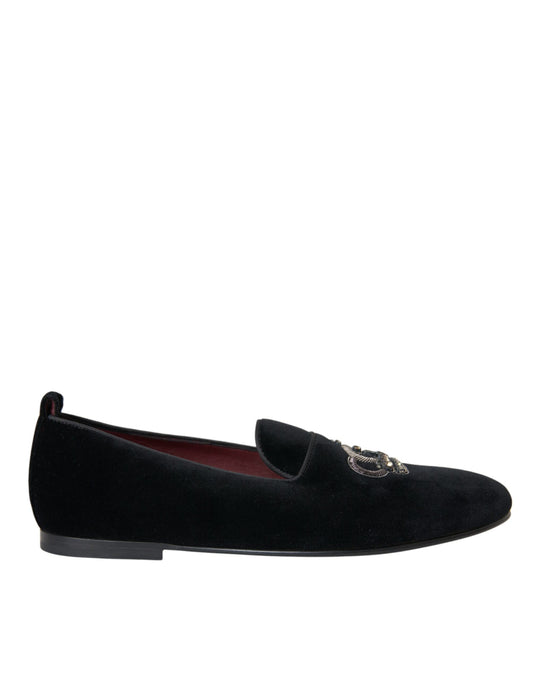 Dolce & Gabbana Schwarzer Samt Kristallkrone Männer Loafers Schuhe