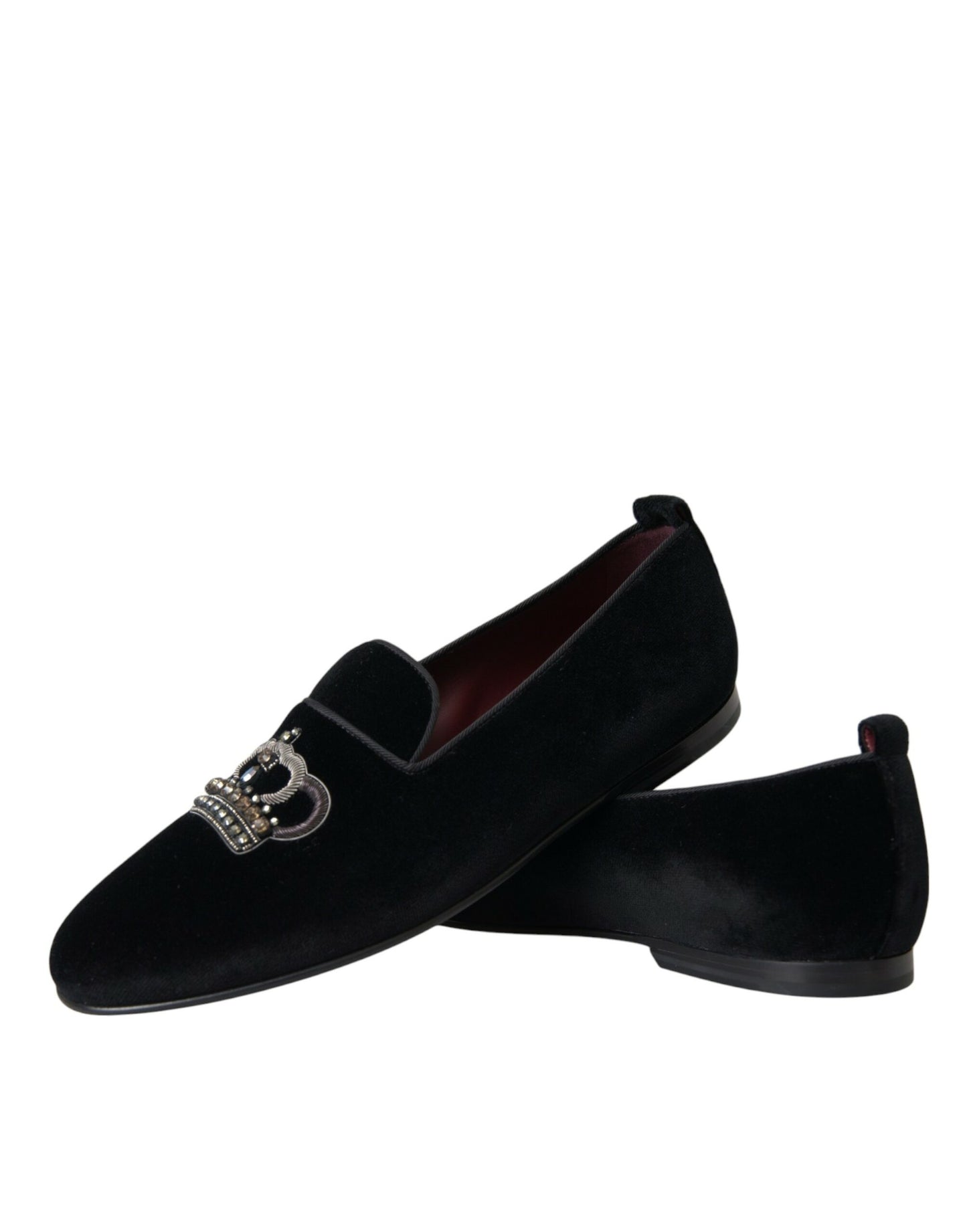 Dolce & Gabbana Schwarzer Samt Kristallkrone Männer Loafers Schuhe