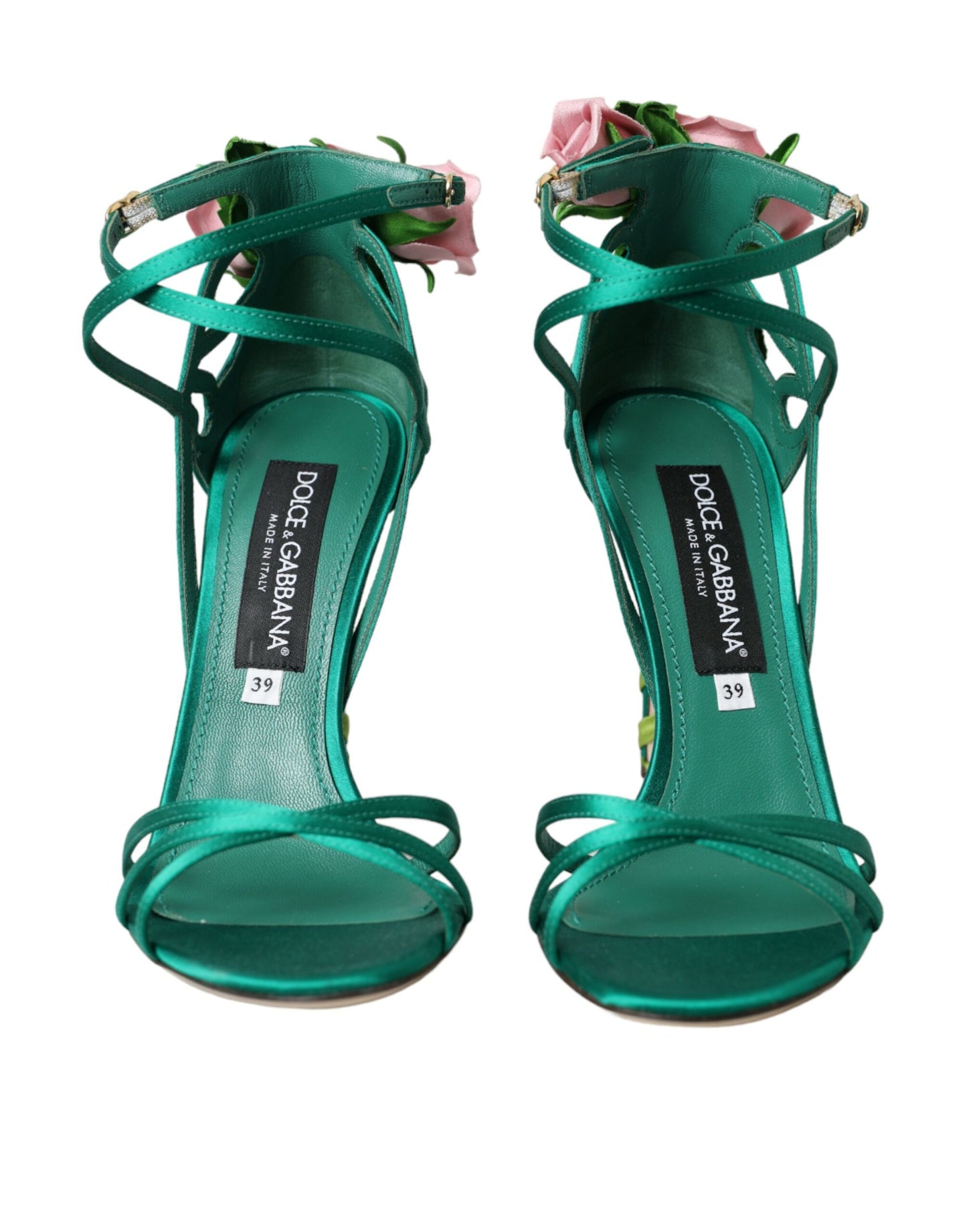 Dolce & Gabbana Grüne Blume Satin Heels Sandalen Schuhe