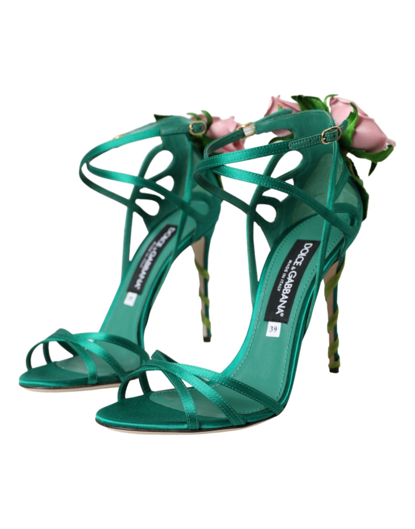 Dolce & Gabbana Grüne Blume Satin Heels Sandalen Schuhe