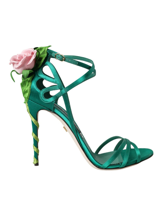 Dolce & Gabbana Grüne Blume Satin Heels Sandalen Schuhe