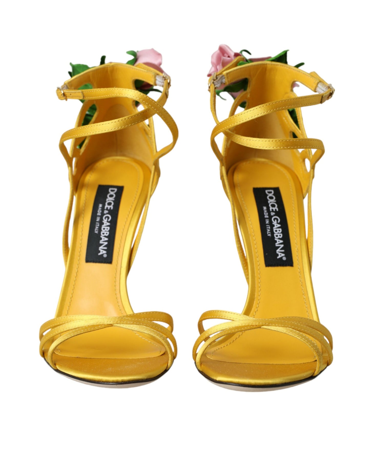 Dolce & Gabbana Gelbe Blume Satin Heels Sandalen Schuhe