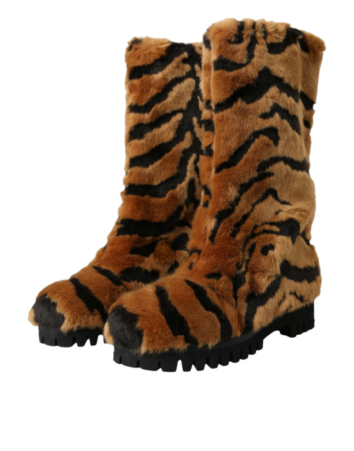 Dolce & Gabbana Braun Tiger Pelz Leder Mid Calf Stiefel Schuhe