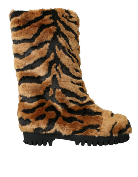 Dolce & Gabbana Braun Tiger Pelz Leder Mid Calf Stiefel Schuhe