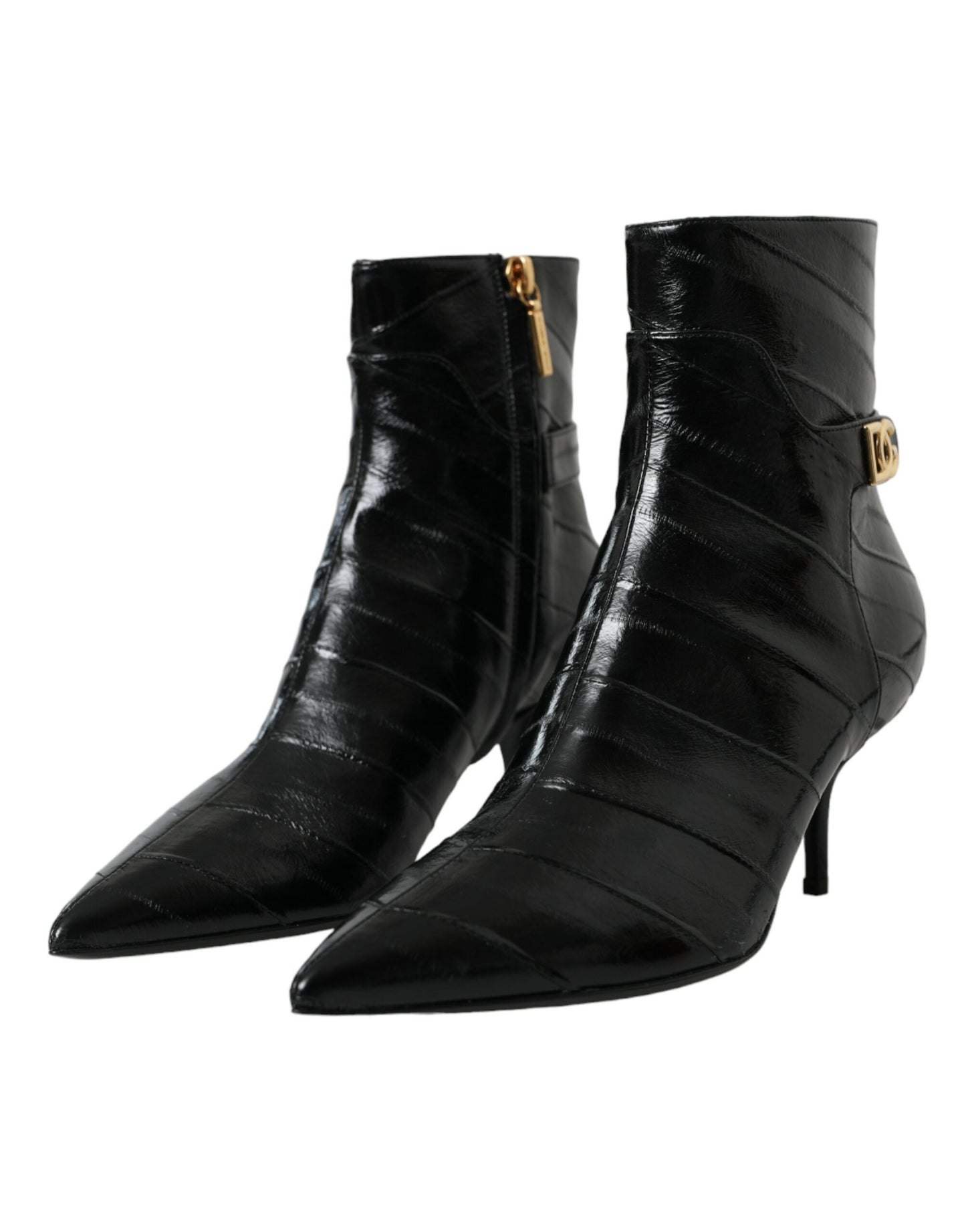 Dolce & Gabbana Schwarzer Aal Leder Logo Kurze Stiefel Schuhe