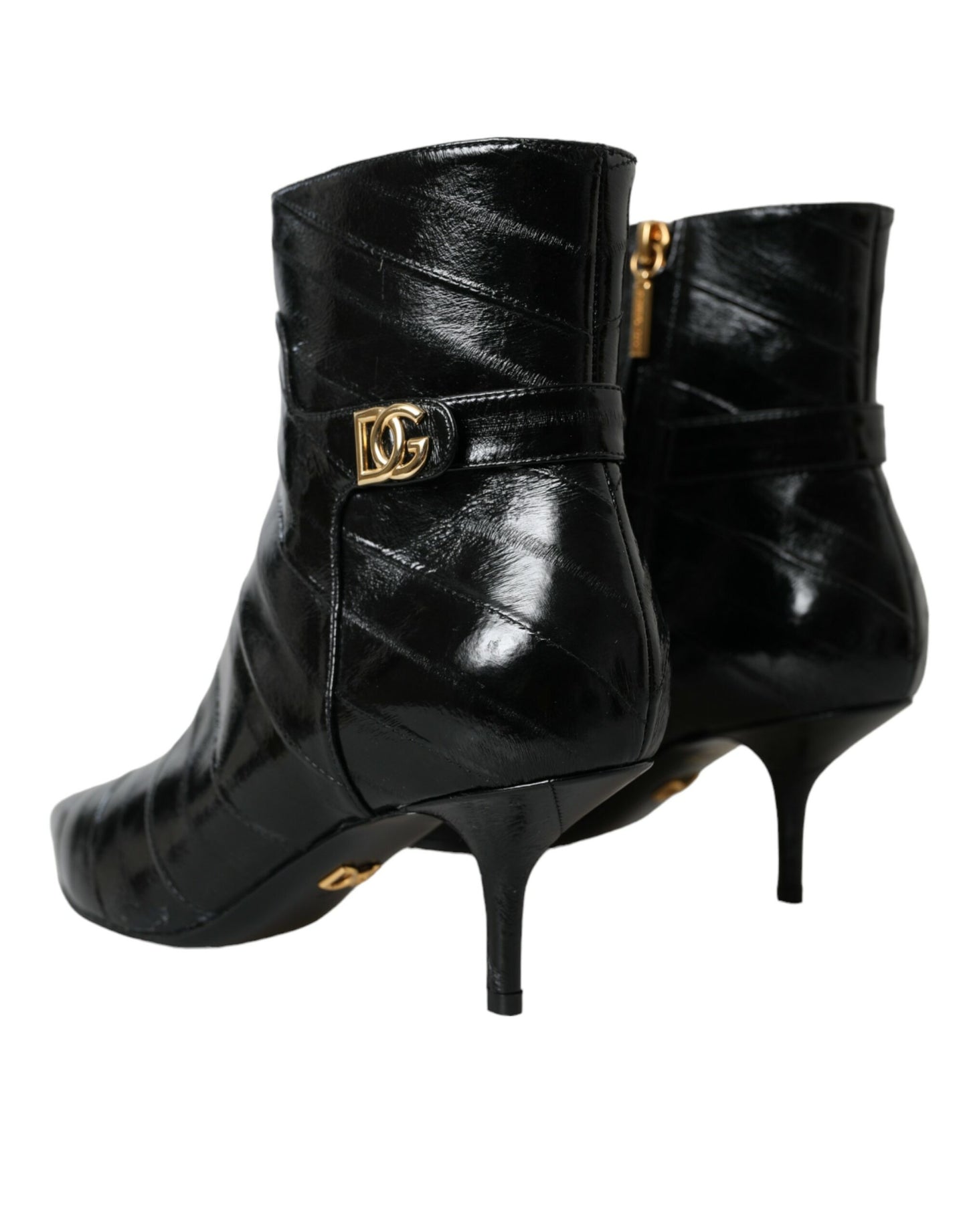 Dolce & Gabbana Schwarzer Aal Leder Logo Kurze Stiefel Schuhe