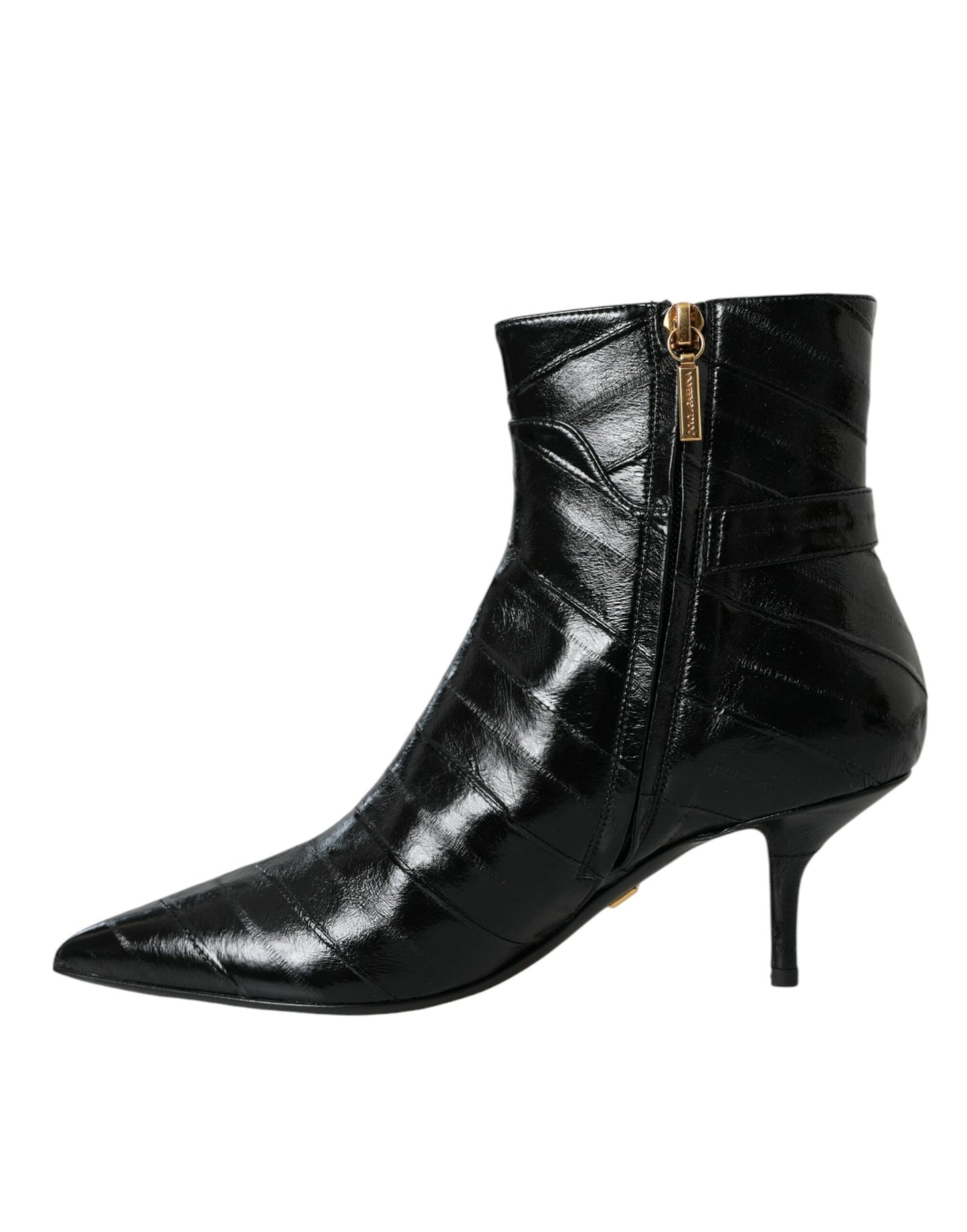 Dolce & Gabbana Schwarzer Aal Leder Logo Kurze Stiefel Schuhe