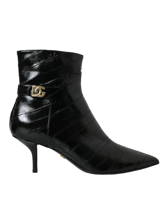 Dolce & Gabbana Schwarzer Aal Leder Logo Kurze Stiefel Schuhe