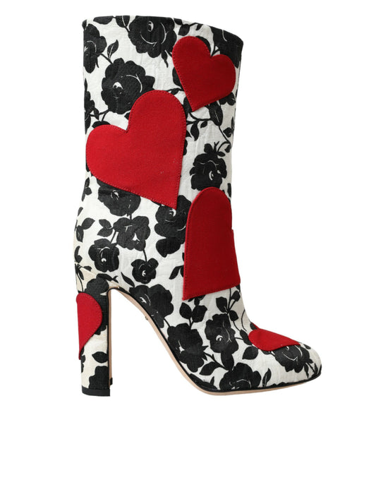 Dolce & Gabbana Weiße Floral Herzen Leder Hohe Stiefel Schuhe