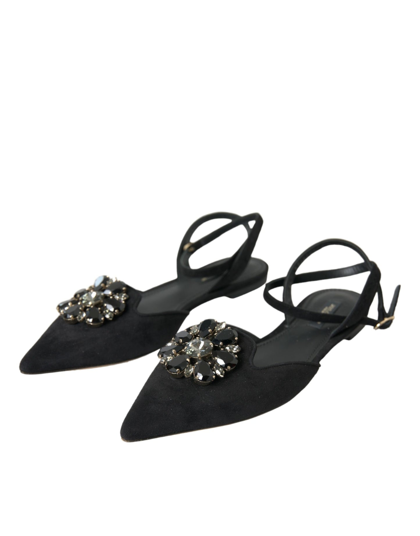 Dolce & Gabbana Schwarzes Leder Kristall Slingback Sandalen Schuhe