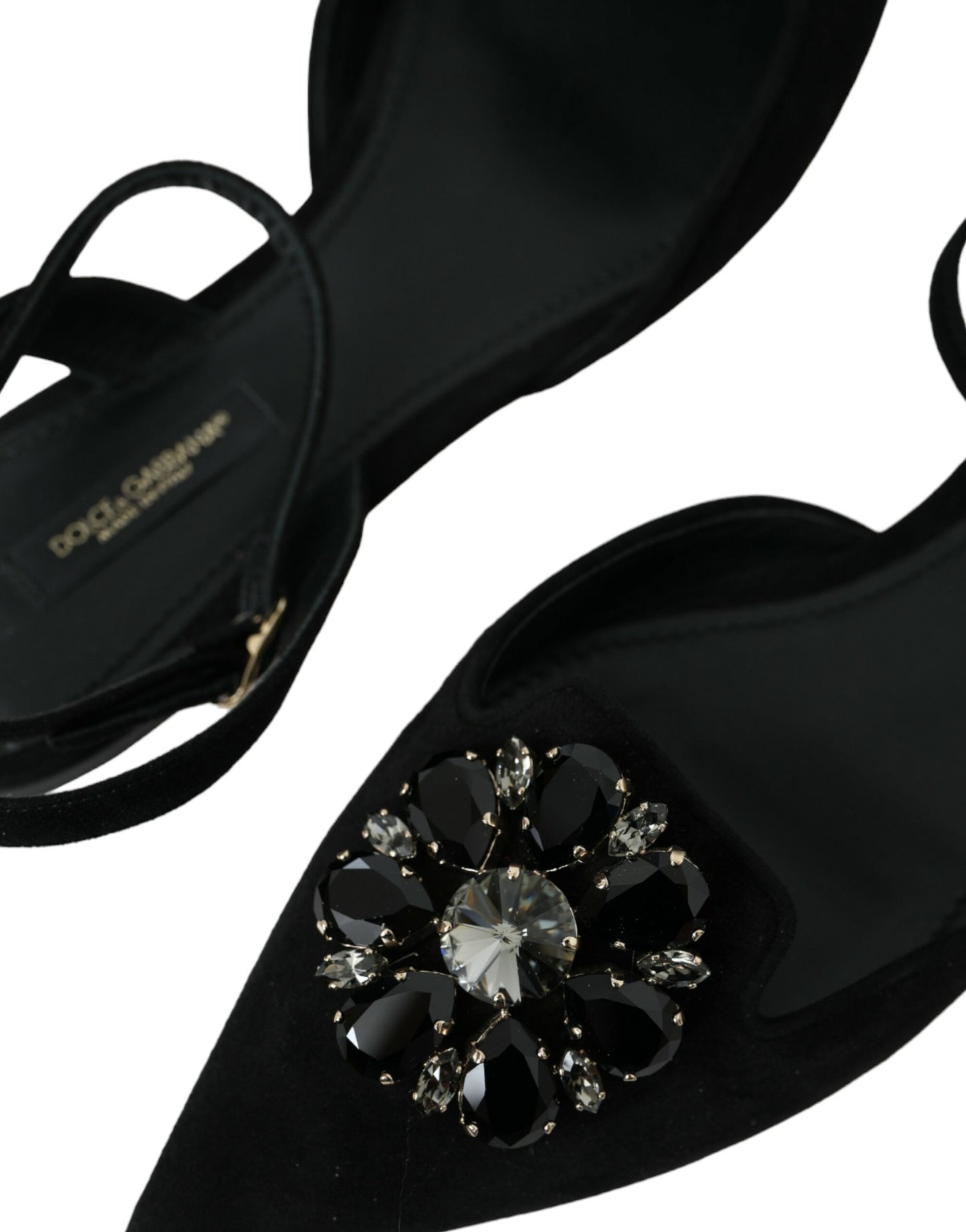 Dolce & Gabbana Schwarzes Leder Kristall Slingback Sandalen Schuhe