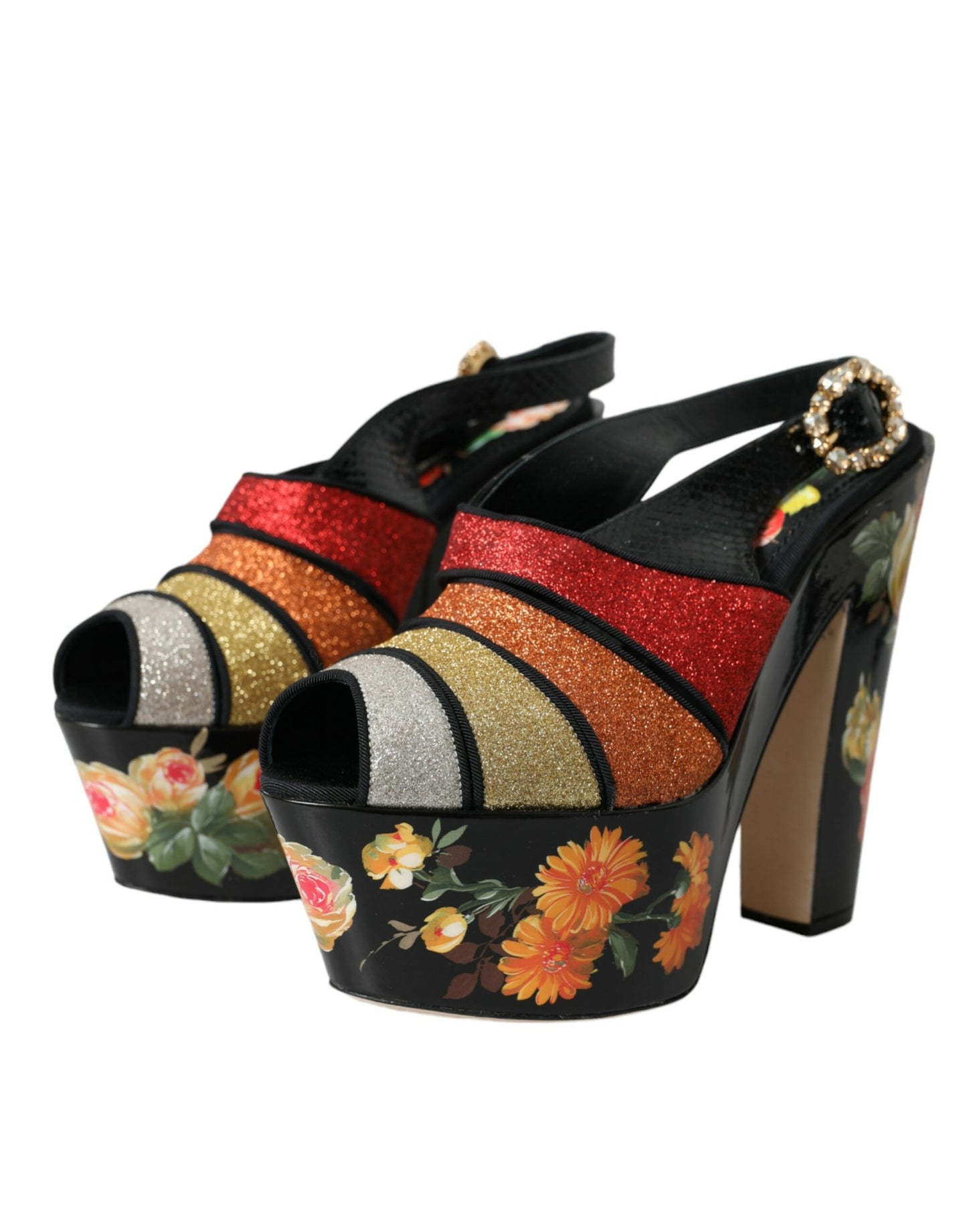 Dolce & Gabbana Multicolor Floral Kristall Plateau Sandalen Schuhe