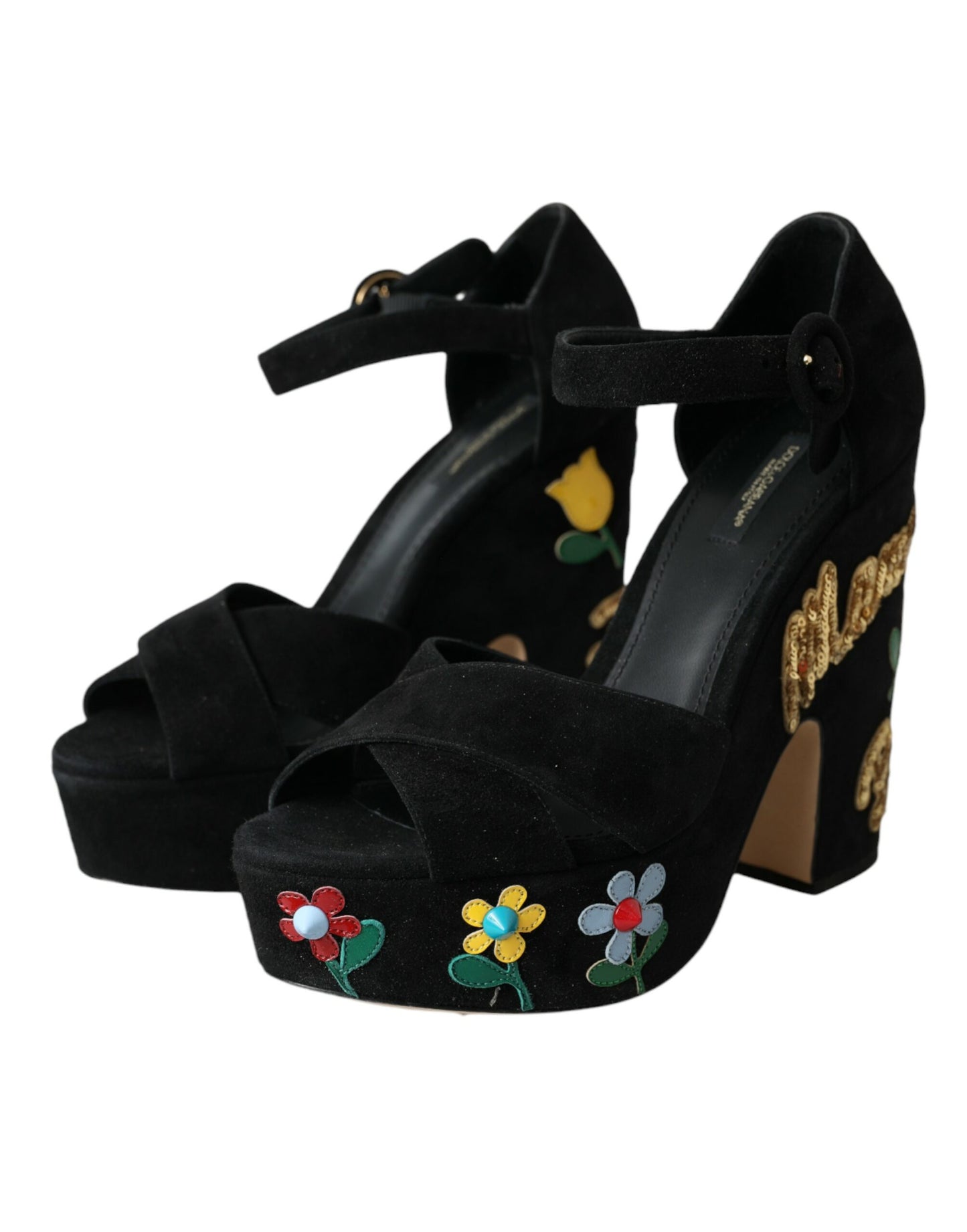 Dolce & Gabbana Schwarz Floral Knöchelriemen Heels Sandalen Schuhe