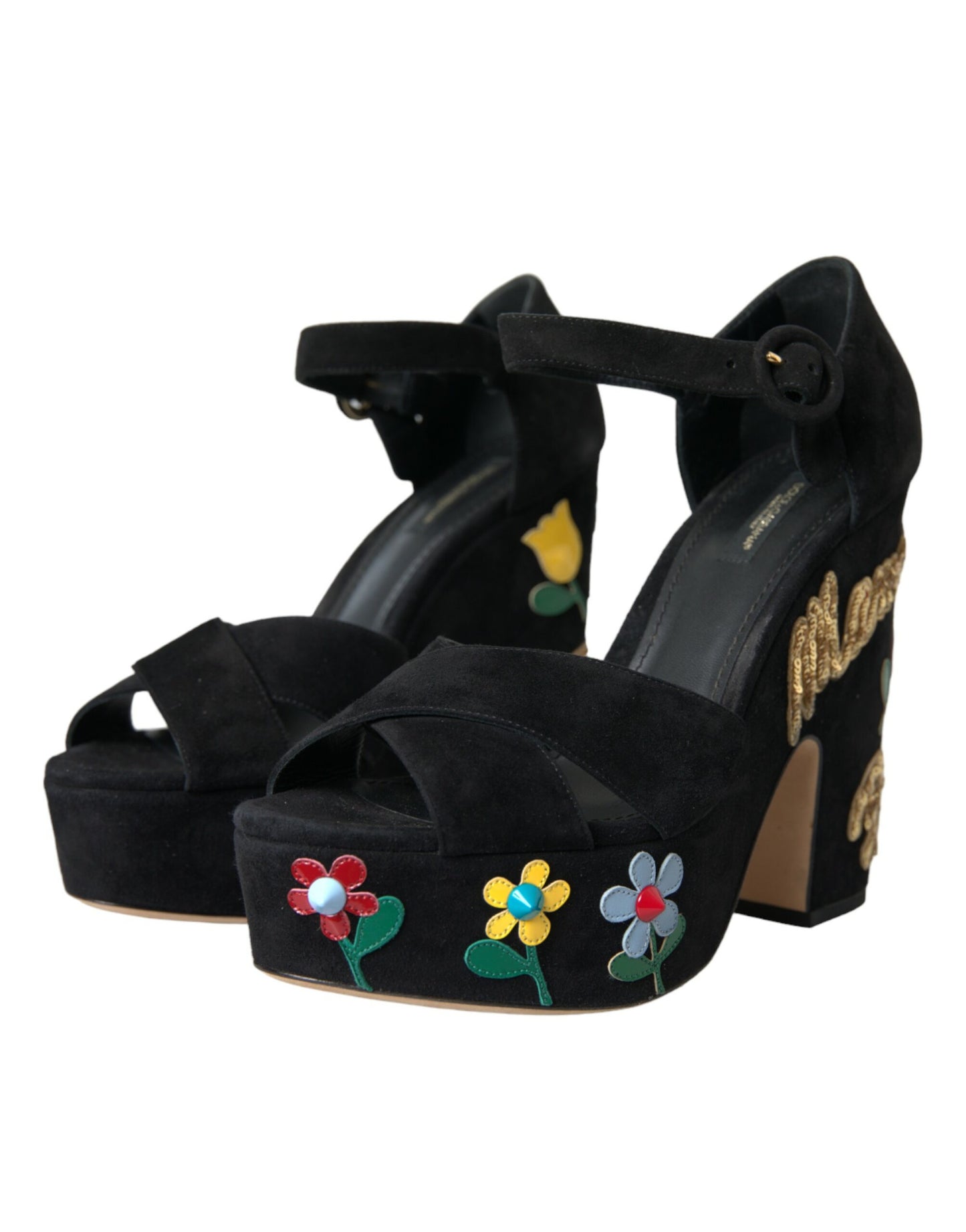 Dolce & Gabbana Schwarzes Wildleder Knöchelriemchen Heels Sandalen Schuhe