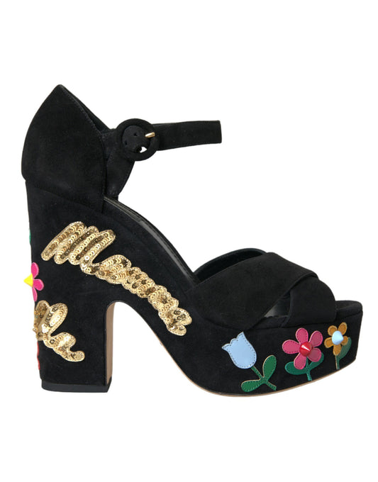 Dolce & Gabbana Schwarzes Wildleder Knöchelriemchen Heels Sandalen Schuhe