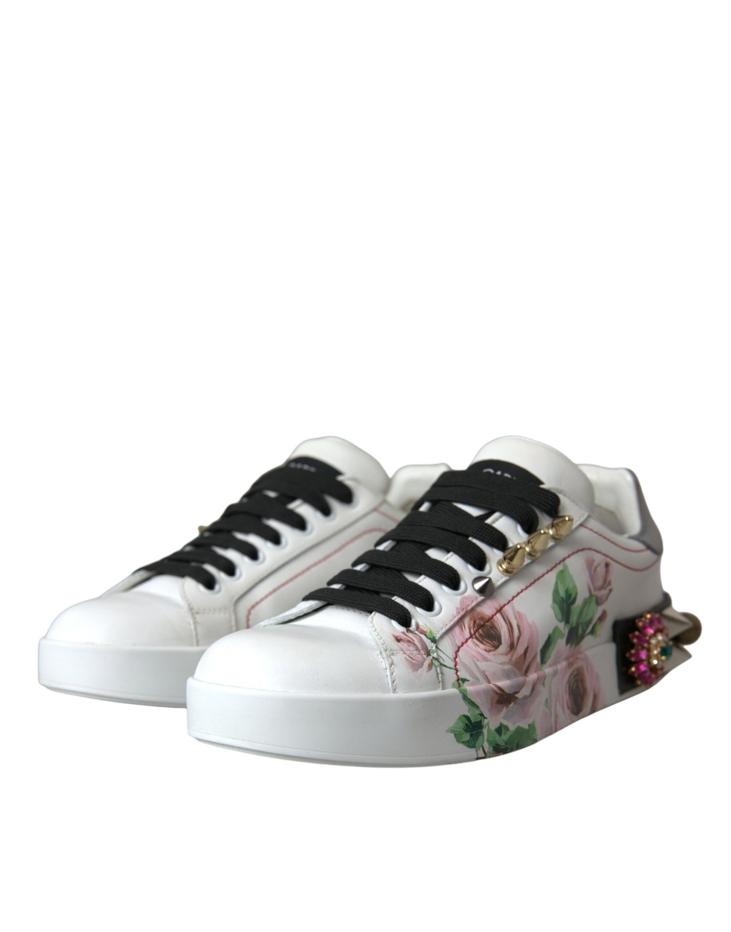 Dolce & Gabbana Weißes Leder Kristall Rosen Floral Turnschuhe Schuhe